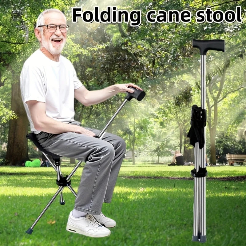 2-in-1 Folding Cane and Chair Foldable Travel Cane, Suitable for Hiking, Camping, Outdoor Activities