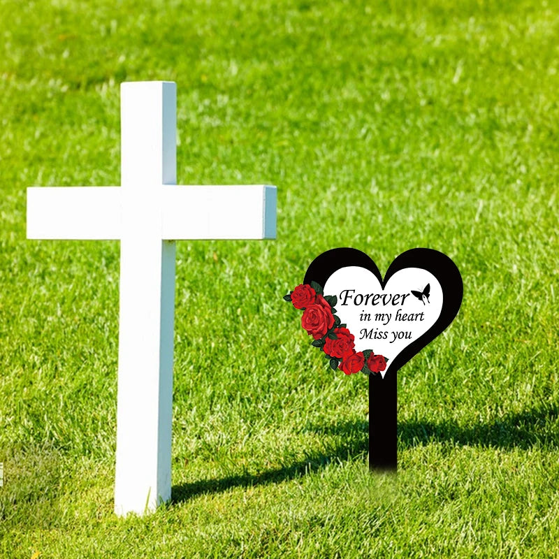2024 Cemetery Memorial Heart Shape Stake Garden Yard Signs Grave Marker For Mom Dad Deceased Relative Grave Decorations 1PC