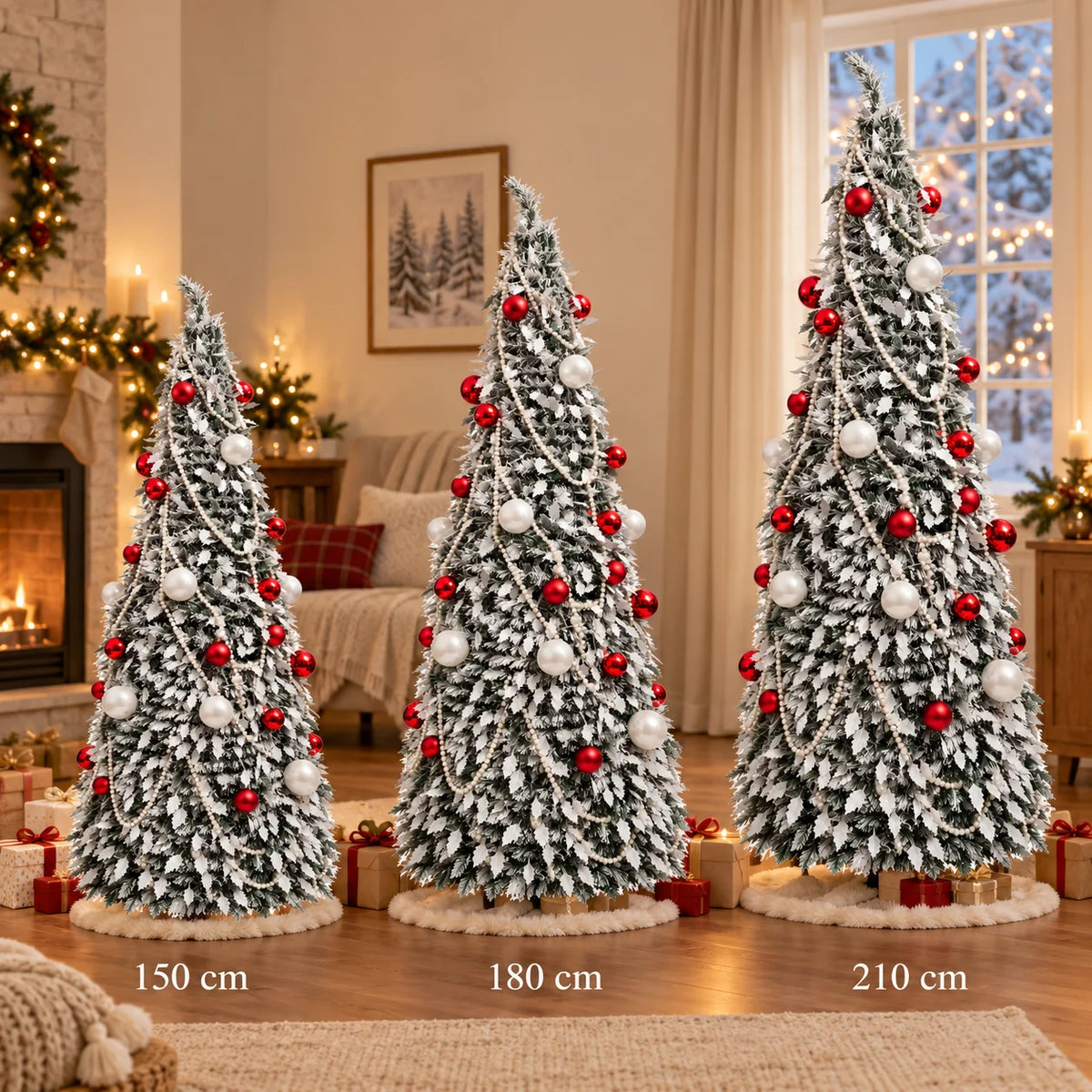 Flocked PVC Christmas Tree 1.5/1.8/2.1M Pre‑Attached Baubles, Foldable Xmas Tree with USB String Lights for Home Holiday Decor