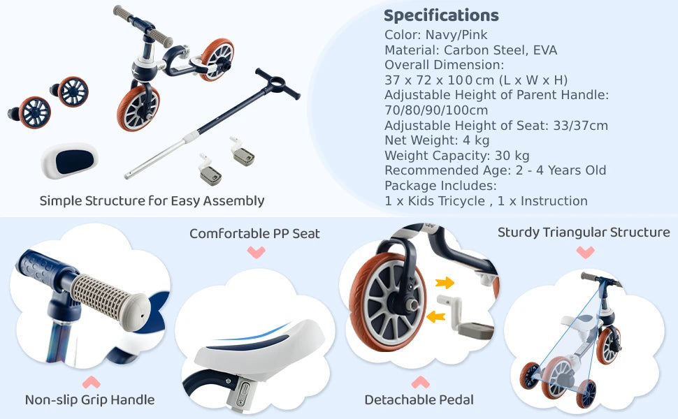 DORTALA 4 in 1 Kids Tricycle Toddler Balance Bike Adjustable