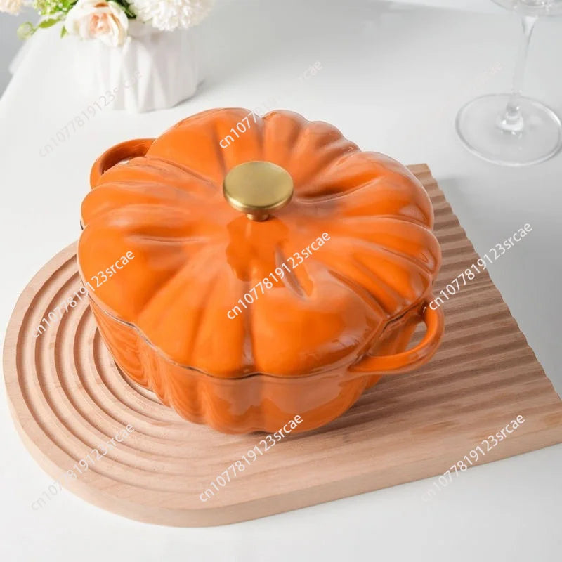 3.7L Enamel Coated Cookware Pumpkin Enameled Cast Iron Cooking Pot NonStick Enamel Pot Casserole Dish 12inch for All Heat Source
