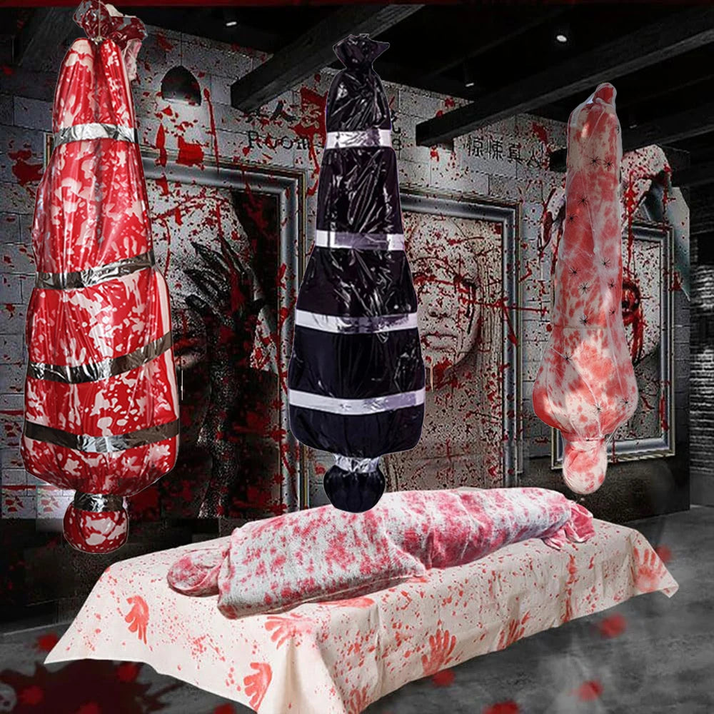 Horror Halloween Outdoor Decoration 59inch Creepy Corpse Props Set Scary Fake Bloody Body Bag Haunted House Hanging Decorations