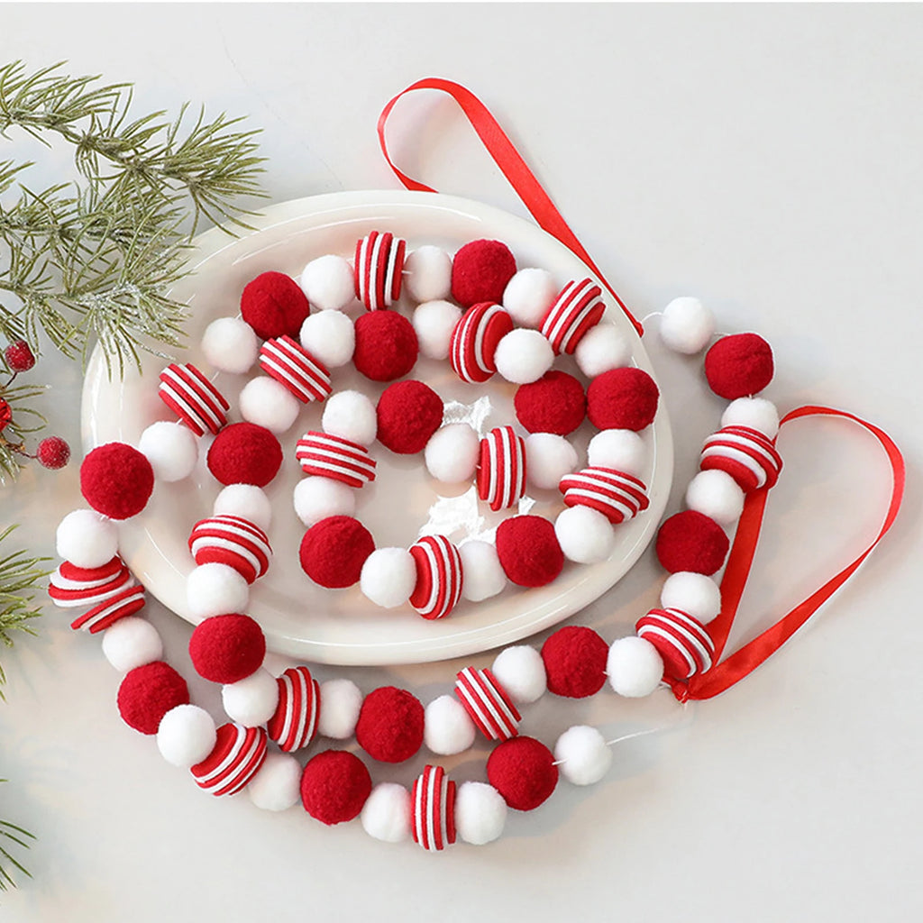 Christmas Felt Ball Garland Red＆White Candy Ball Pom Pom Garlands for Xmas Tree Festive Mantle Wall Fireplace Hanging Decor