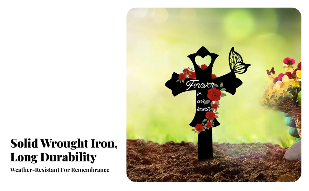 Cross Memorial Stake Outdoor Use Rose Memorial Stake Metal Grave Marker Easy Ground Insert Sympathy Gift for Courtyard