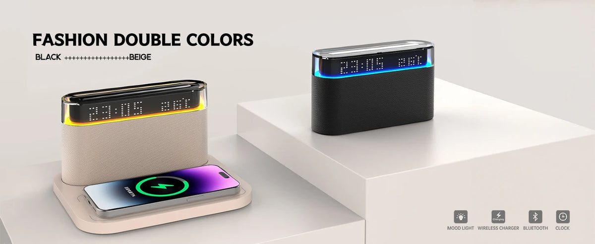 6-in-1 Bluetooth Alarm Clock – Wireless Charger, Speaker Night Light (3 Colors) for IPhone, Apple Watch, AirPods  iphone charger