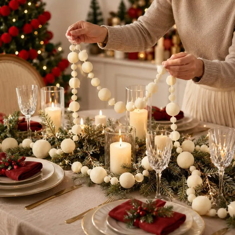 2Meters Xmas Hanging Pendant Red White Felt Ball Garland Ornaments DIY Christmas Tree Window Bead Chain Decoration Supplies