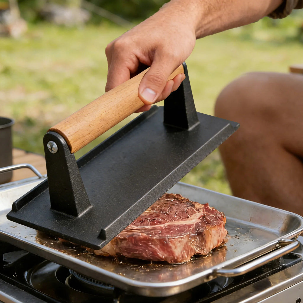 Meat Press with Wooden Handle Heavy Duty Grill Press Non-stick