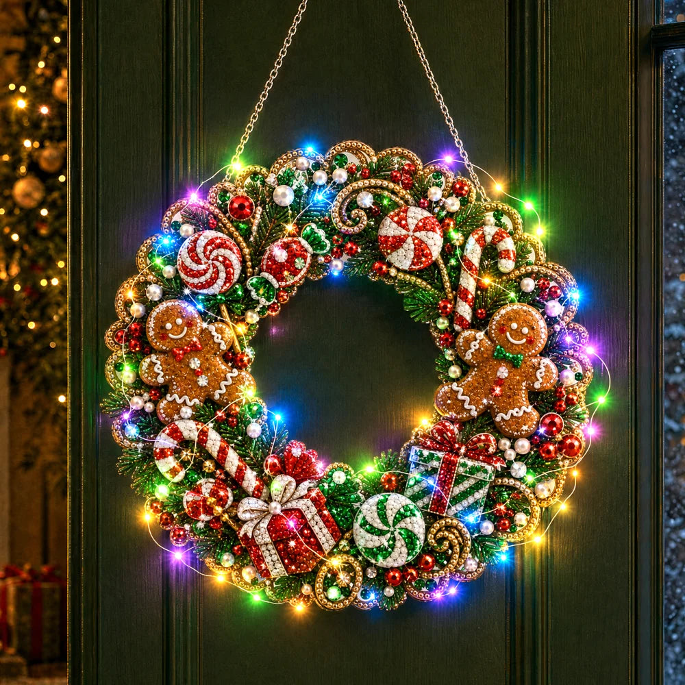 DIY Diamond Art Christmas Wreath 25cm With LED String Light Double‑Sided Printed One Side Diamond Sticking Xmas Hanging Wreath