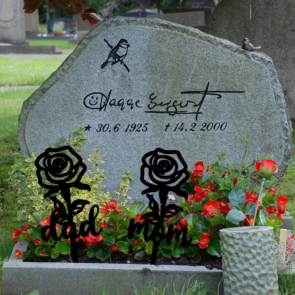 Rose Shaped Memorial Garden Stake, Grave Marker, Sympathy Yard Decor, Tinplate Iron, 8x8 Inch