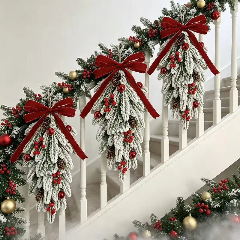 50cm LED Artificial Garland Stair Wreath Red Bow Knot Prelit Christmas Wreath Garland Pine/Bow for Front Door Wall Window Stair