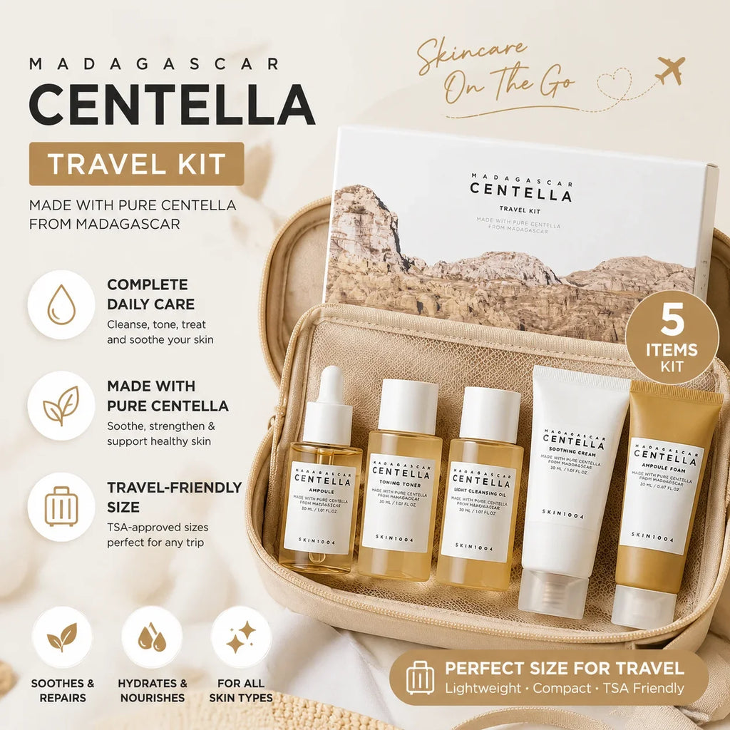 Korean Centella Travel Kit, Toner,Ampoule,Soothing Cream,Cleansing Oil,Ampoule Foam,Basic Daily Skincare Mini 5pcs Gift Sets